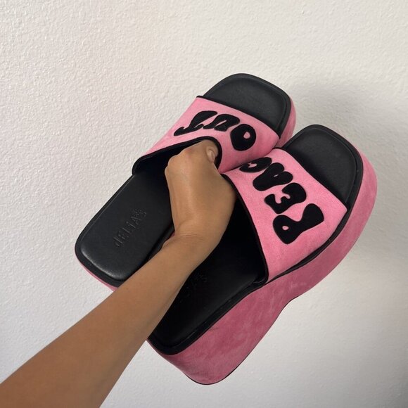Delia for Dollskill Pink Black PEACE OUT 90s Platform Groovy Sandals Size 11 - Picture 1 of 11